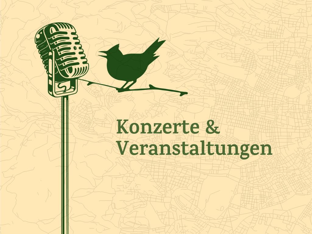 Illustration: das Lercherl singt neben einem alten Mikrofon, Konzerte und Veranstaltungen